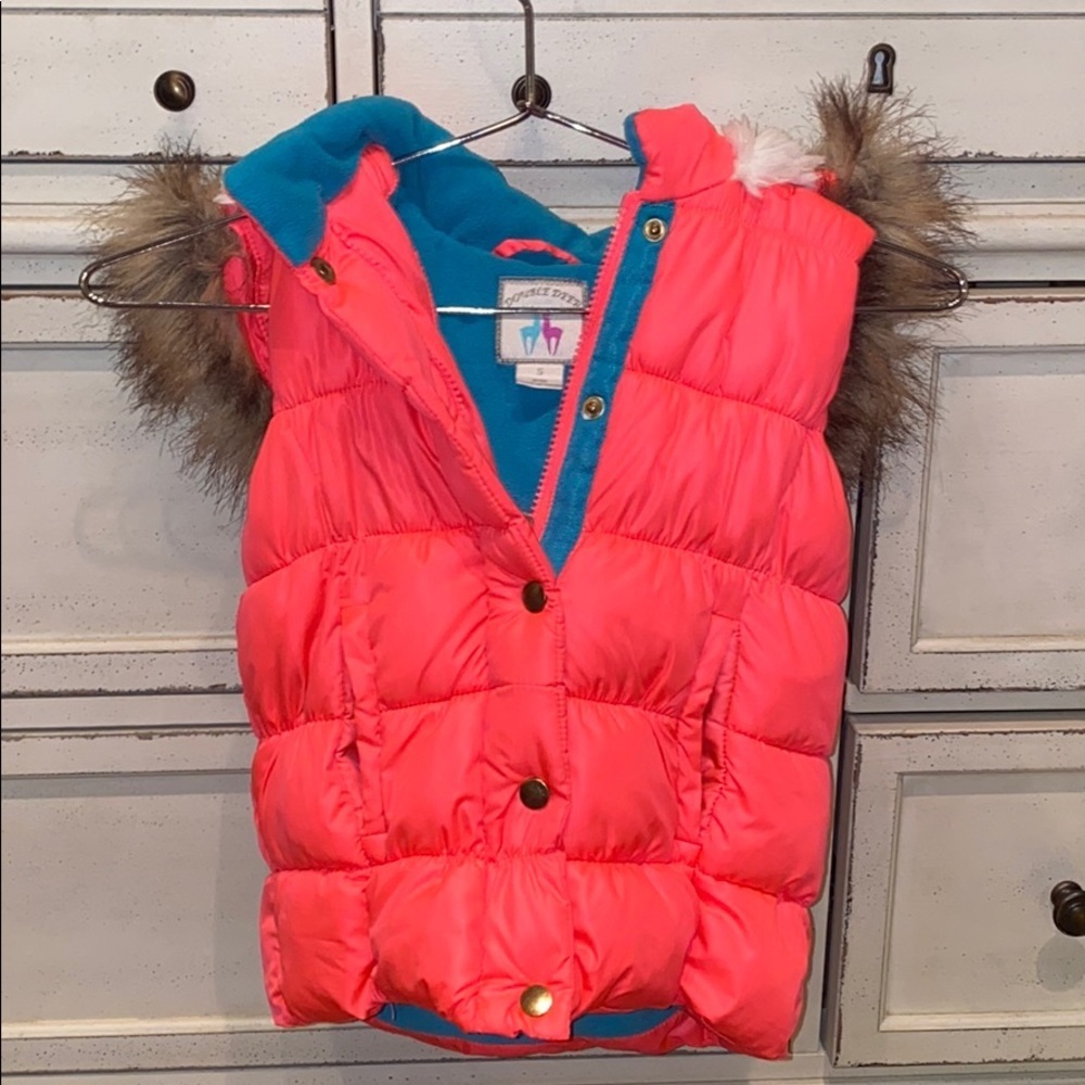 Double Deer bright neon puffy fur-lined hood vest coat button zipper Small 6-6X​